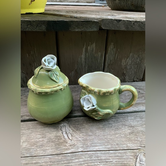 Vintage Cottagecore Whimsical Flower Rustic Forest Ceramic Creamer Sugar Set - Picture 2 of 15